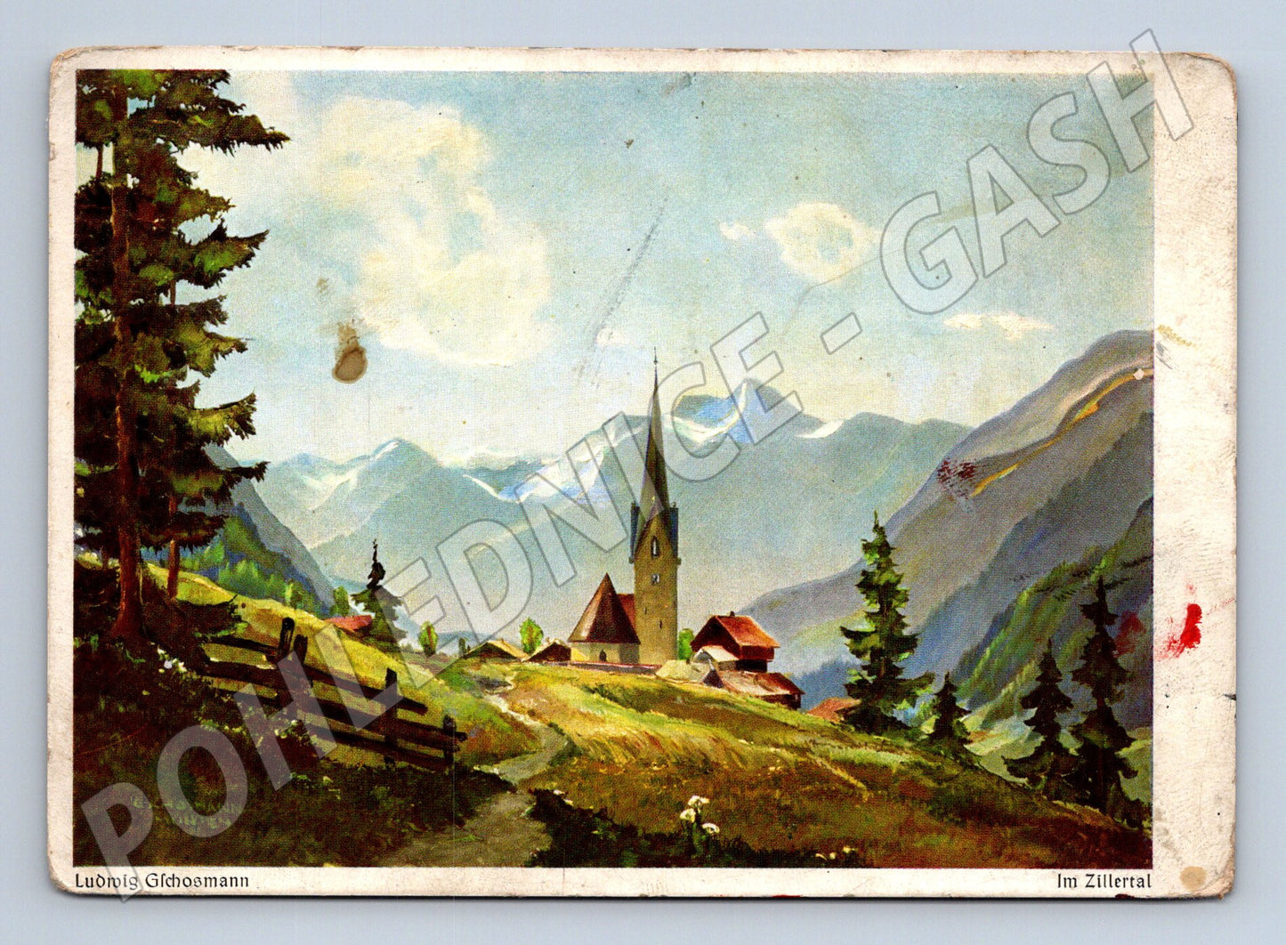 Pohlednice Rakousko Zillertal horská krajina s kostelem (P4025)