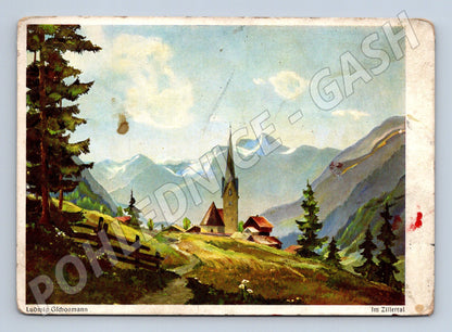 Pohlednice Rakousko Zillertal horská krajina s kostelem (P4025)
