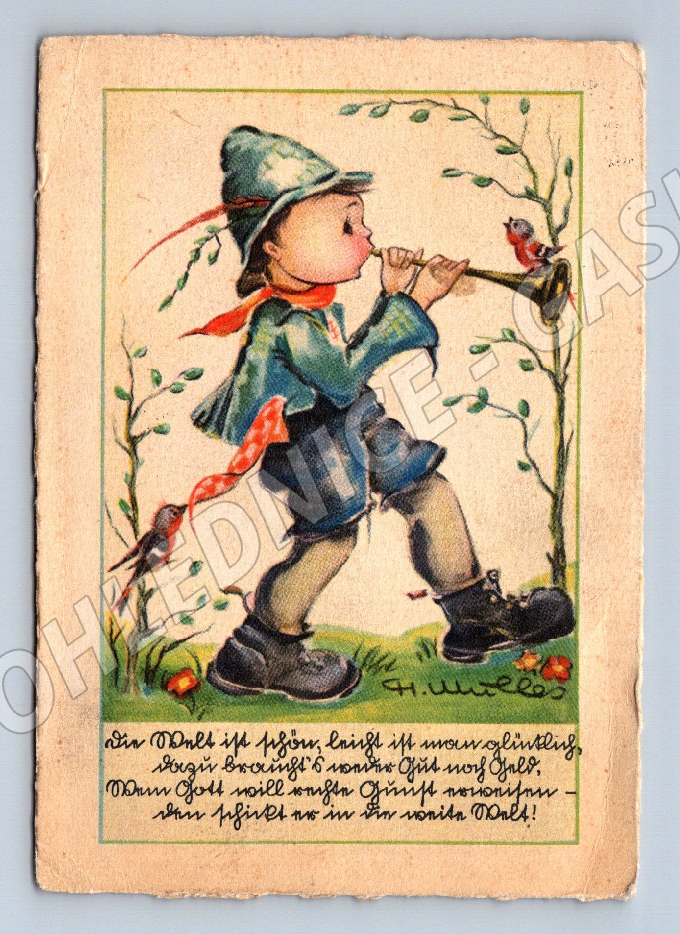 Pohlednice chlapec s trubkou a ptáčky 1937 (P4027)