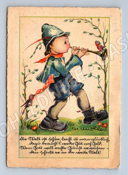 Pohlednice chlapec s trubkou a ptáčky 1937 (P4027)