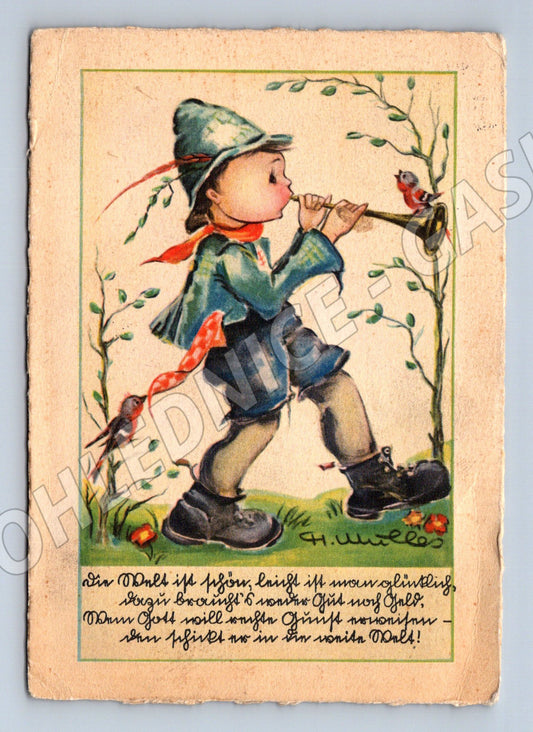 Pohlednice chlapec s trubkou a ptáčky 1937 (P4027)