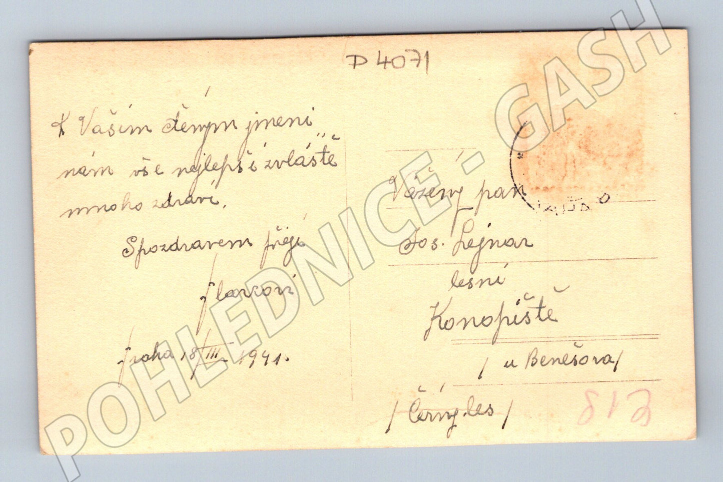 Pohlednice Konopiště muži na sněhu 1941 (P4071)