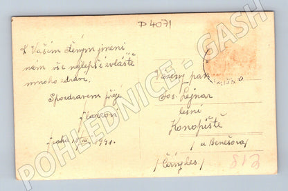 Pohlednice Konopiště muži na sněhu 1941 (P4071)