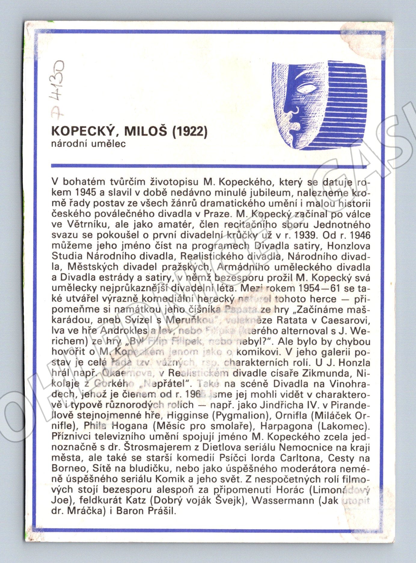 Pohlednice herec Miloš Kopecký (P4130)