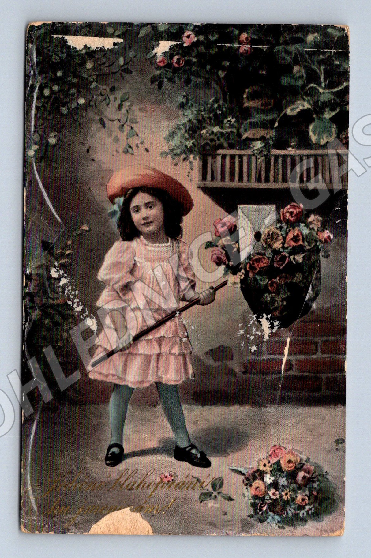 Pohlednice gratulační dívka s květinami (P4164)