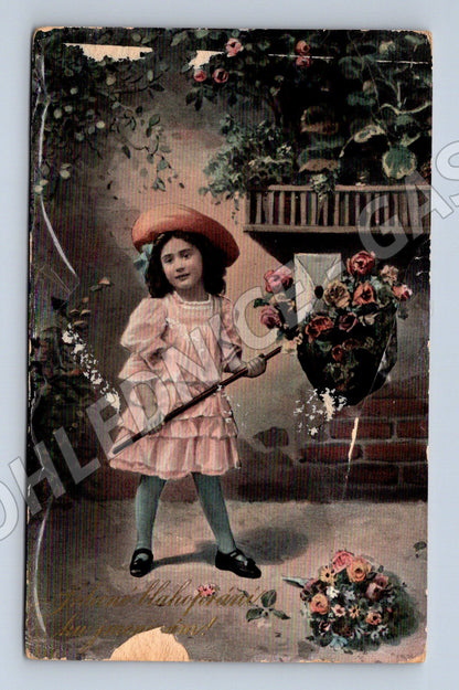 Pohlednice gratulační dívka s květinami (P4164)