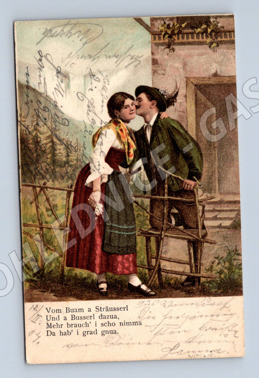 Pohlednice Rakousko Pár v krojích polibek 1908 (P4171)