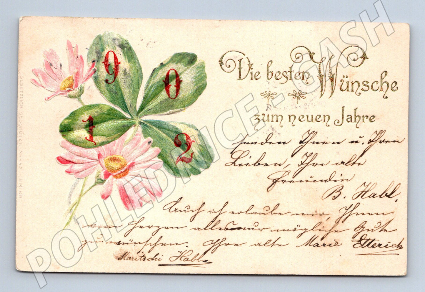 Pohlednice Novoroční motiv s čtyřlístkem a květinami 1902 (P4198)