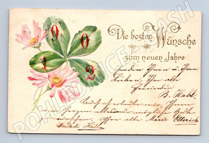 Pohlednice Novoroční motiv s čtyřlístkem a květinami 1902 (P4198)