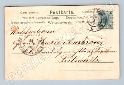 Pohlednice Novoroční motiv s čtyřlístkem a květinami 1902 (P4198)