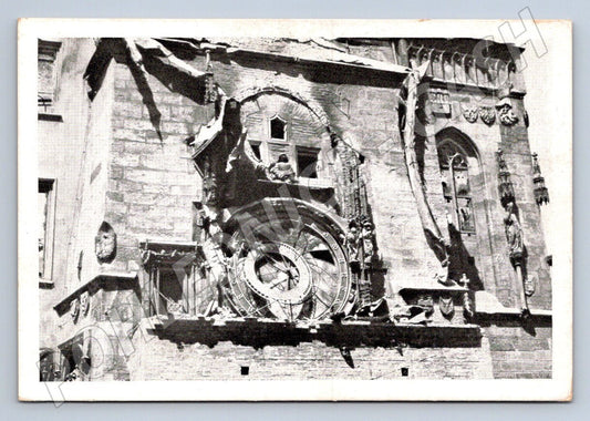 Postcard Old Town Hall Prague 1945 damaged astronomical clock (ST3278)