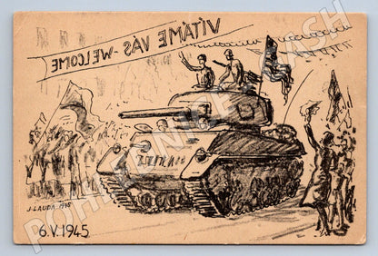 Pohlednice osvobození 1945 tank v ulicích vítání osvoboditelů (ST3283)