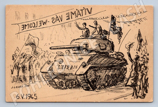 Pohlednice osvobození 1945 tank v ulicích vítání osvoboditelů (ST3283)
