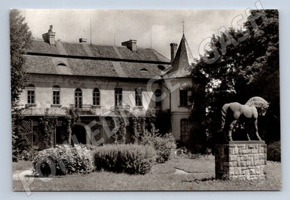 Postcard Slatiňany Castle with a horse statue, black and white (ST3363)