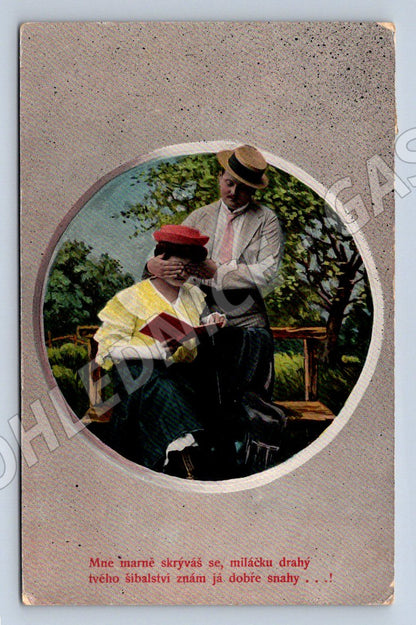 Handwritten ethnographic postcard with folk costumes (ST3425)