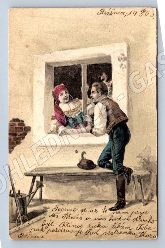 Postcard 1906 ethnographic scene couple in traditional costumes in love (ST3429)