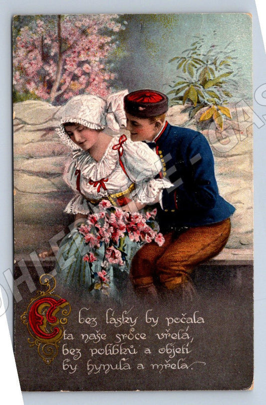 Ethnographic postcard of a loving couple in folk costumes 1928 (ST3434)