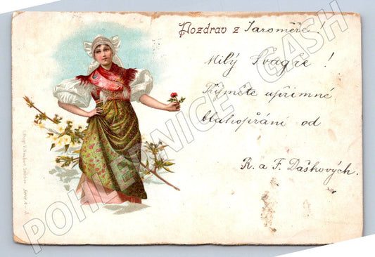 Postcard woman in folk costume ethnography Jaroměř (ST3435)