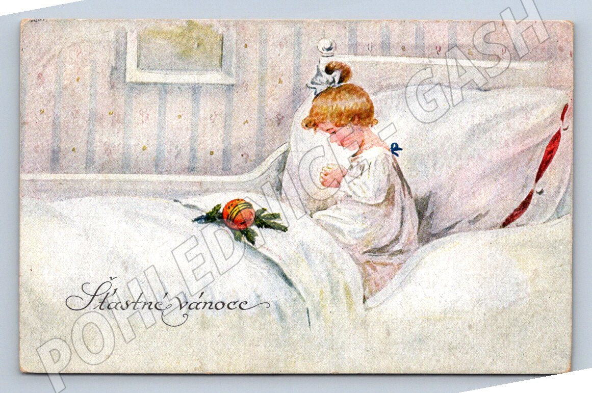 Christmas postcard 1924 small format girl in bed (ST3438)