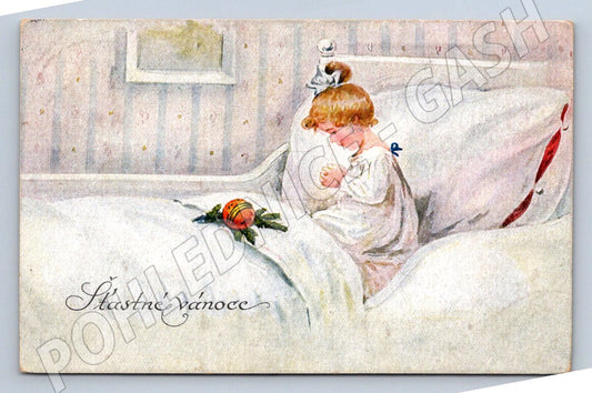 Christmas postcard 1924 small format girl in bed (ST3438)