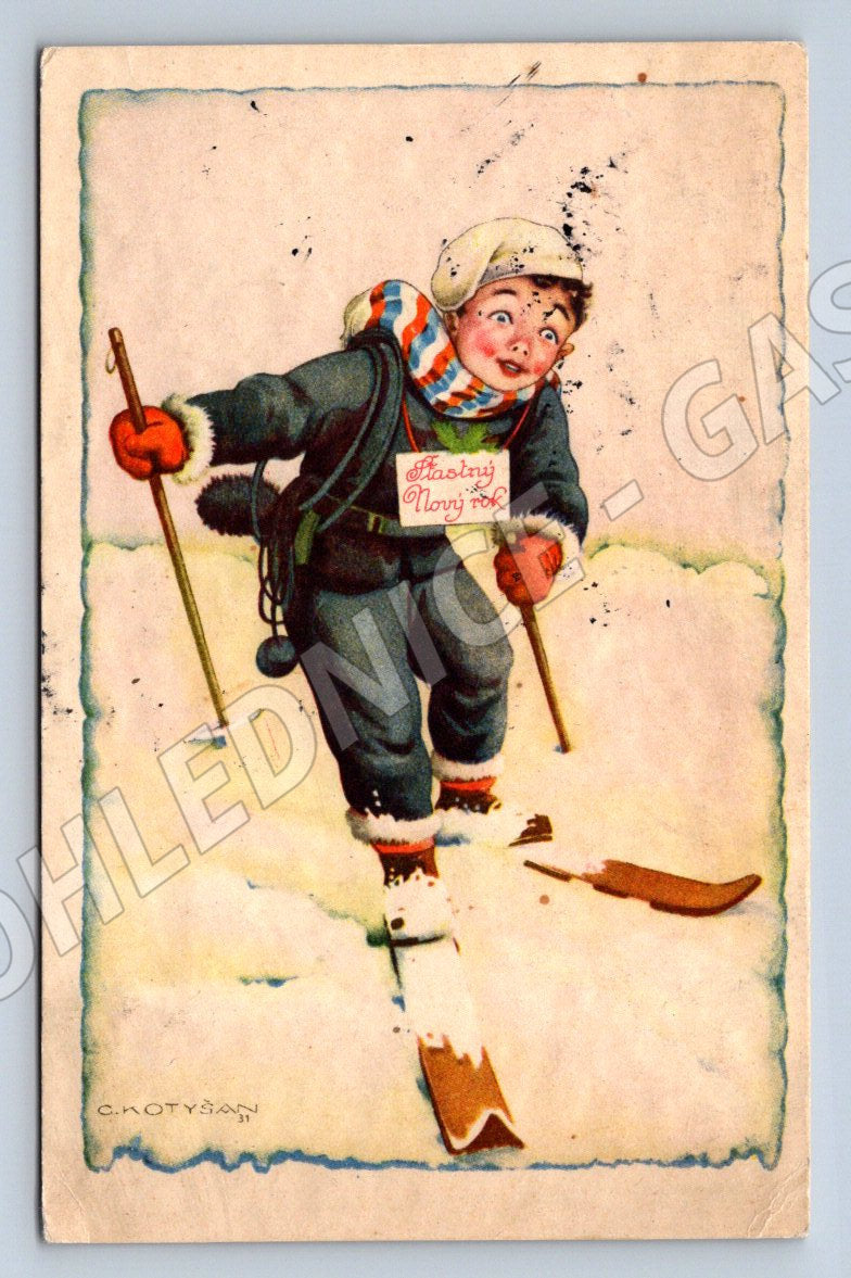 Postcard Czech winter skier 1922 illustration by C. Kotyšan (ST3439)