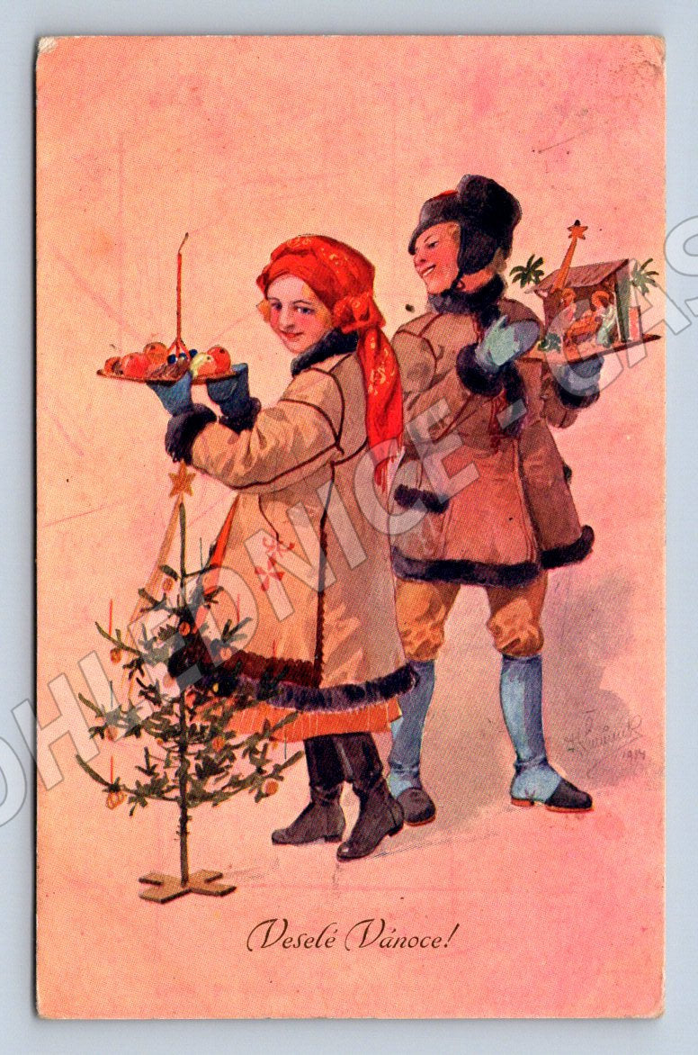 Postcard 1921 children nativity tree Czechoslovakia (ST3440)