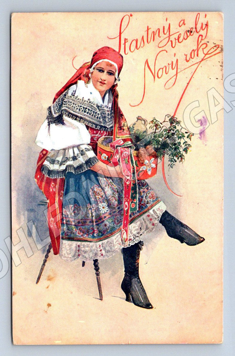Postcard with Czech costume New Year's greetings ethnographic Czechoslovakia (ST3443)
