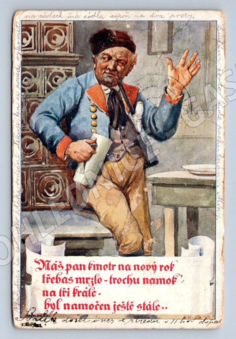 Postcard painted genre motif New Year's card 1913 (ST3453)