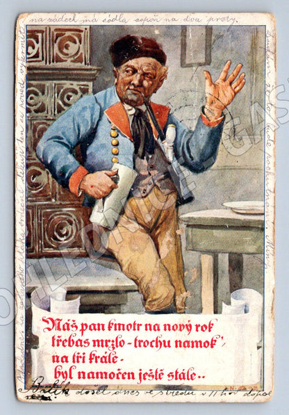 Postcard painted genre motif New Year's card 1913 (ST3453)