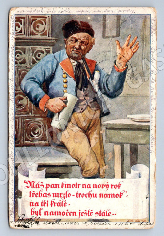 Postcard painted genre motif New Year's card 1913 (ST3453)