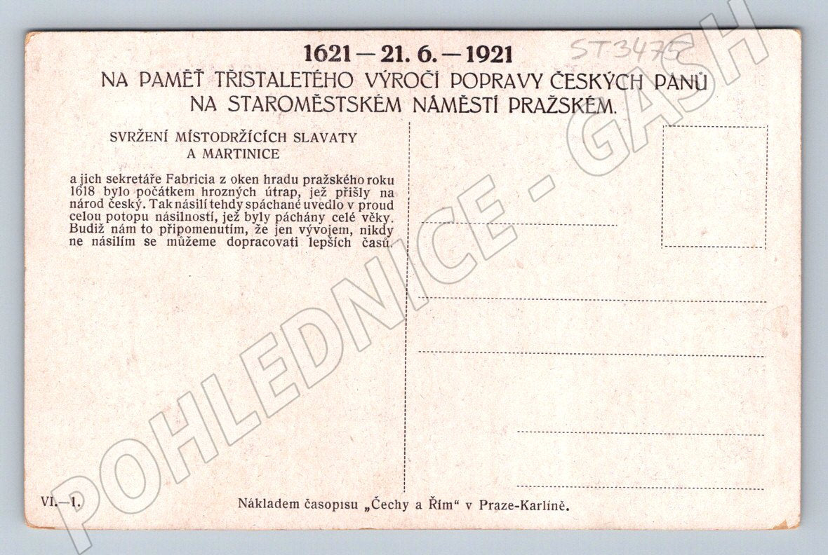 Postcard of the overthrow of the governors 1618 – anniversary 1921 (ST3475)