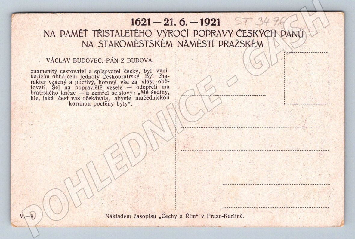 Postcard Václav Budovec from Budov – anniversary 1621 1921 (ST3476)