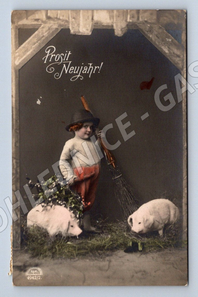 New Year's postcard, piggy and girl - colored (ST3480)