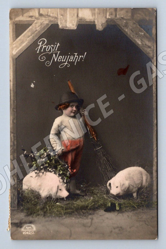 Pohlednice novoroční prasátka a dívka – kolorovaná (ST3480)