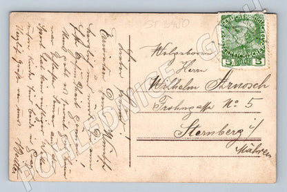 New Year's postcard, piggy and girl - colored (ST3480)