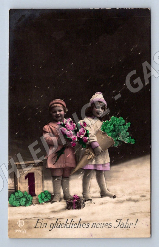 Postcard New Year's children colored Czechoslovakia until 1950 (ST3481)