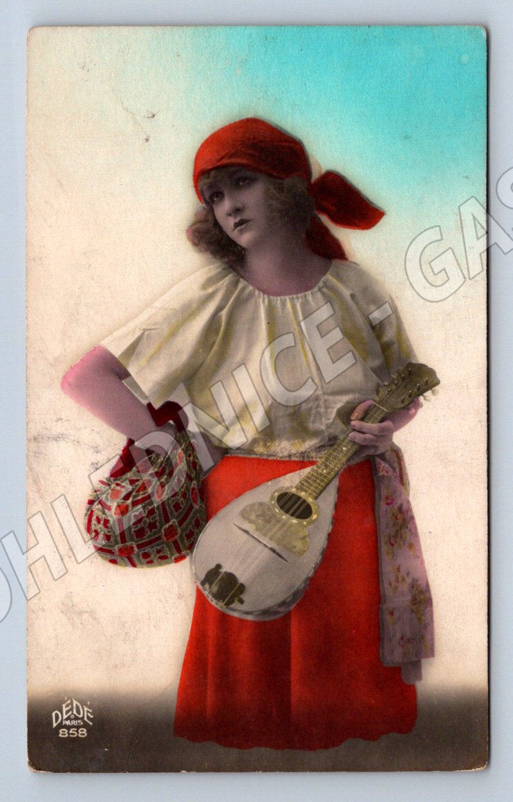 Postcard girl in folk costume with instrument – ​​colored (ST3482)