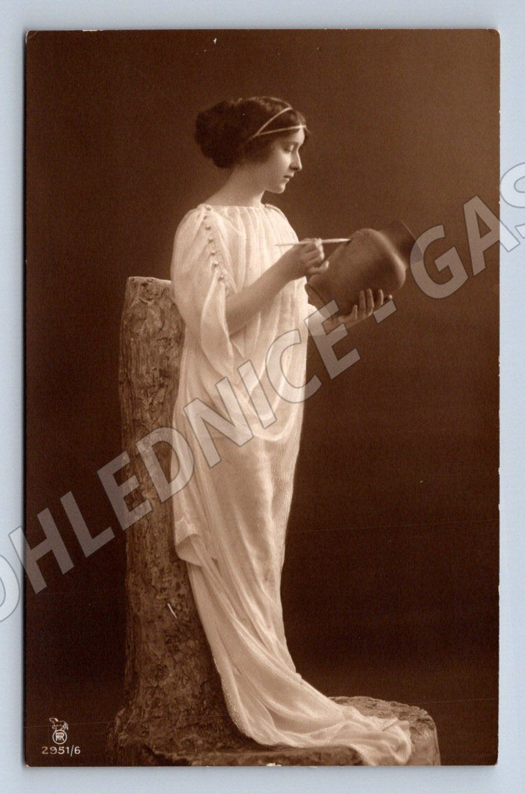 Postcard artistic woman with a jug antique style sepia (ST3485)
