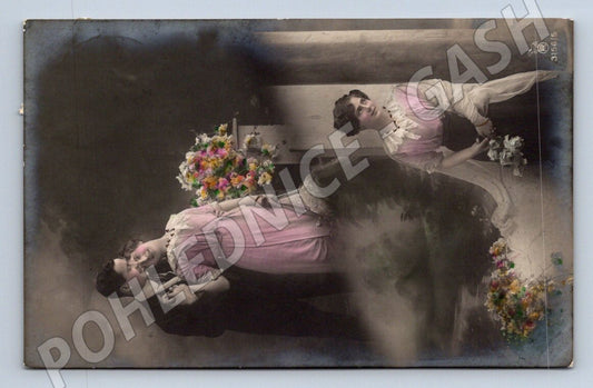 Postcard colored romantic scene small format until 1950 (ST3493)
