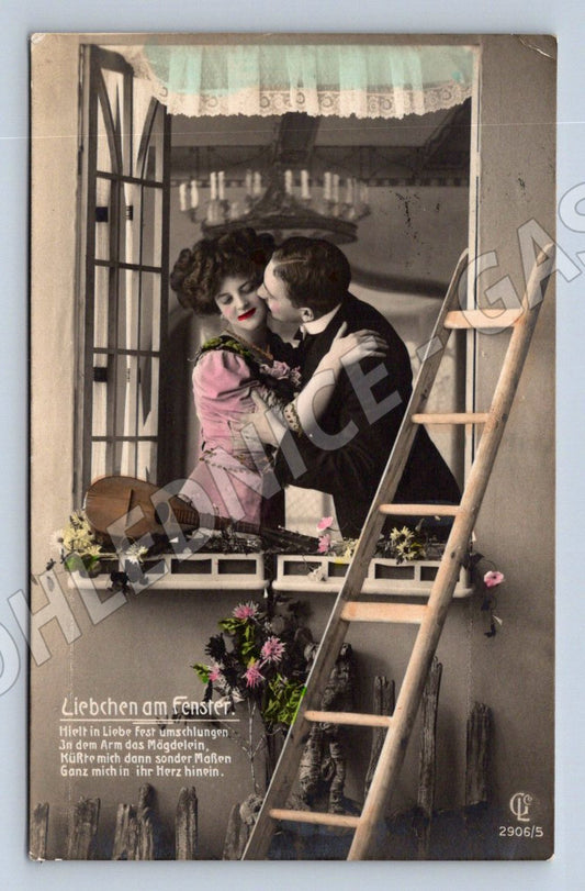 Pohlednice kolorovaný romantický liebchen am fenster 1915 (ST3498)