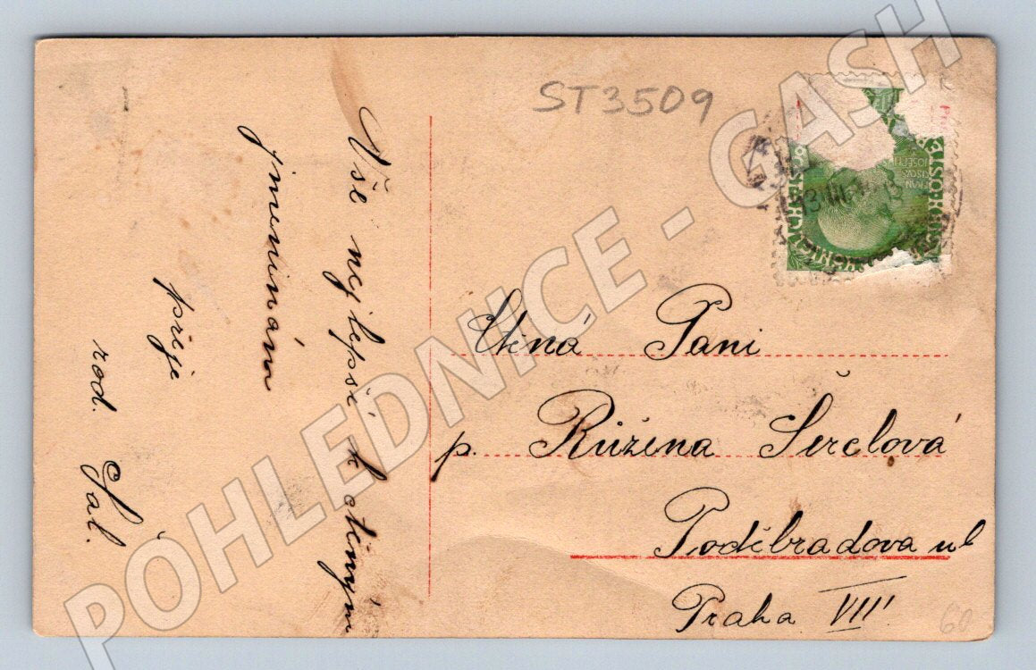 Postcard colored young woman with flowers 1950 Prague (ST3509)