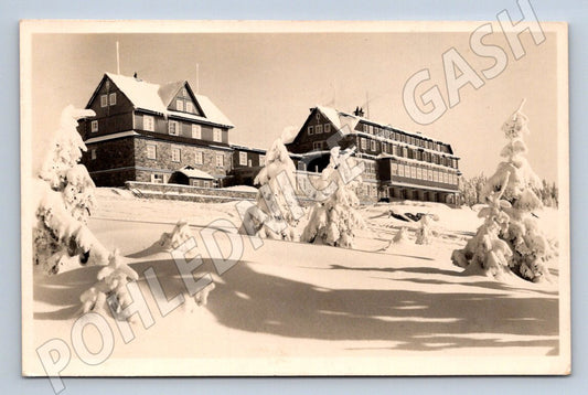 Postcard Krkonoše mountain hotel black winter post 1948 (ST3588)
