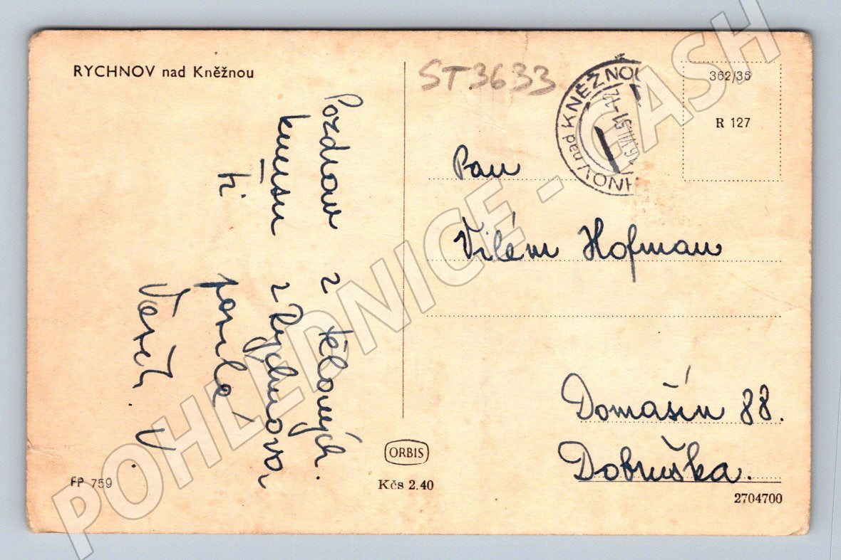 Postcard Rychnov nad Kněžnou memorial stone (ST3633)