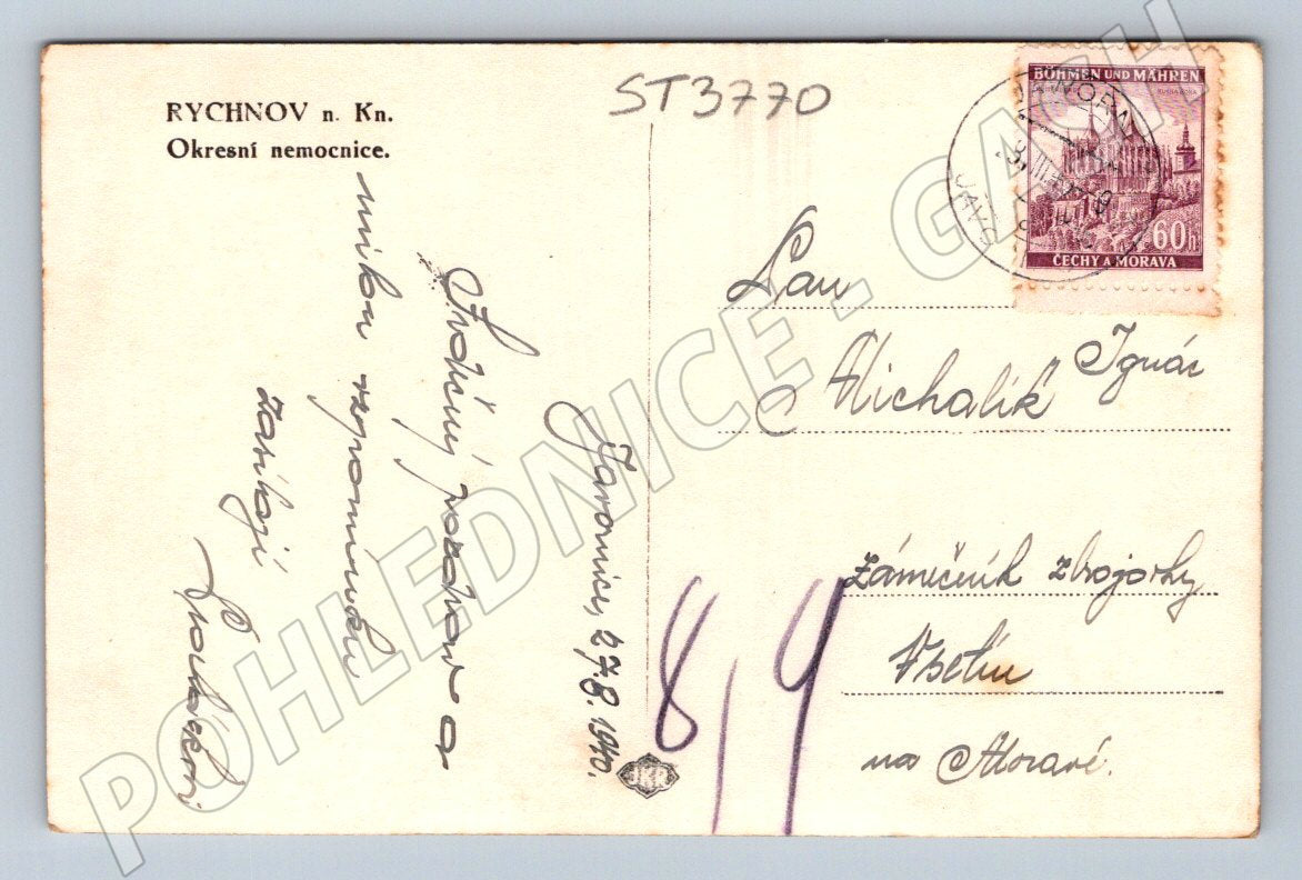 Postcard Rychnov nad Kněžnou district hospital 1940 (ST3770)