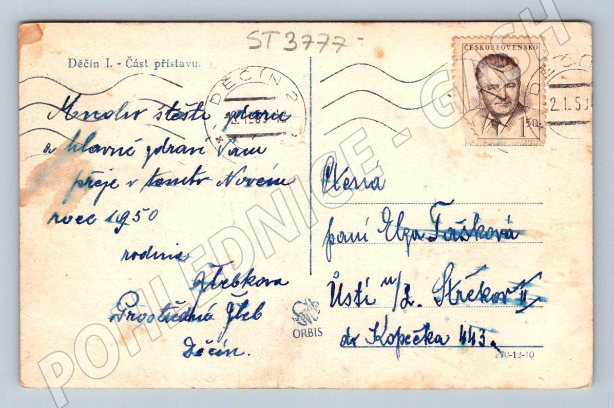 Postcard Děčín port Elbe shipping 1951 (ST3777)