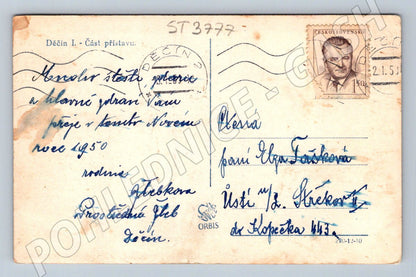 Postcard Děčín port Elbe shipping 1951 (ST3777)