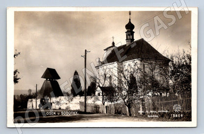 Postcard Osek u Sobotky church and bell tower (ST3780)