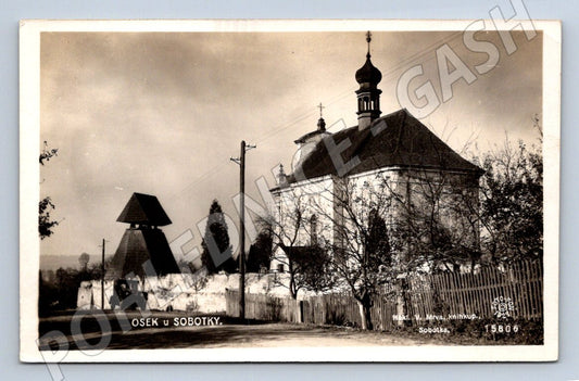 Postcard Osek u Sobotky church and bell tower (ST3780)