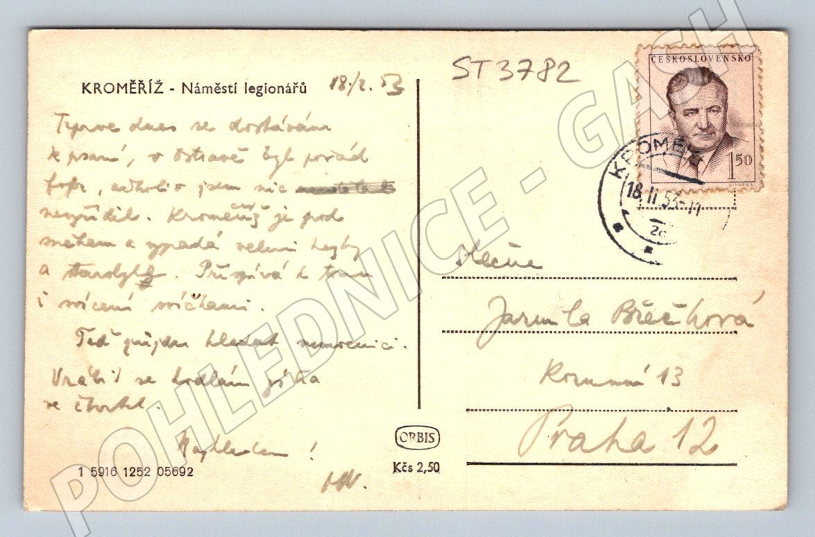 Postcard Kroměříž Legionnaires' Square 1953 (ST3782)