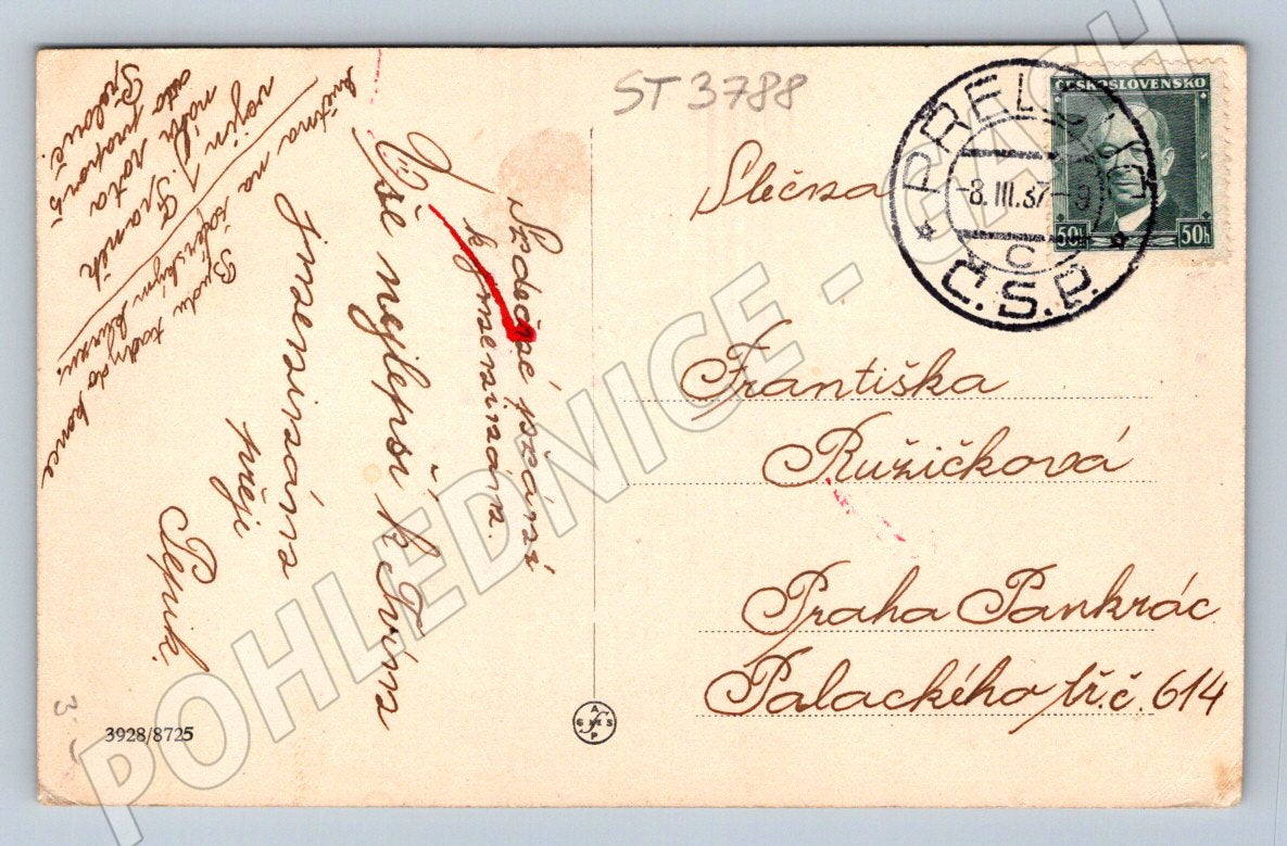 Postcard Přelouč used by post 1937 (ST3788)